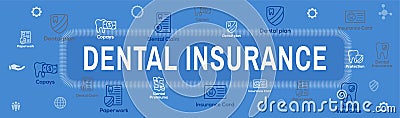 Dental Insurance Web Header Banner - Outline Icons, teeth, premiums, insurance, card, id Vector Illustration