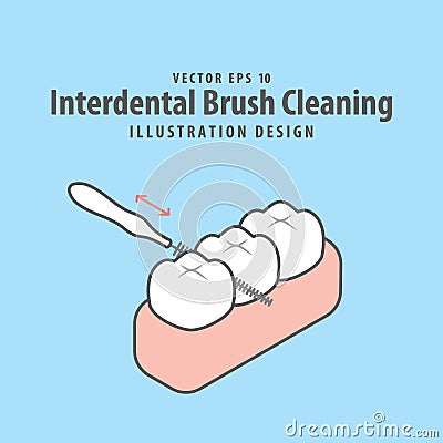 Dental interdental brush cleaning of teeth illustration vector design on blue background. Dental care concept Vector Illustration