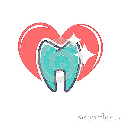 Dental logo on background of red heart. Dentistry icon, toothpaste Vector Illustration
