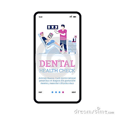 Dental medical clinic with doctor dentist showing x-ray of teeth to patient. Vector Illustration