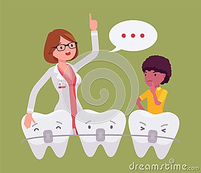 Dental metal braces, child boy and dentist doctor consultation Vector Illustration