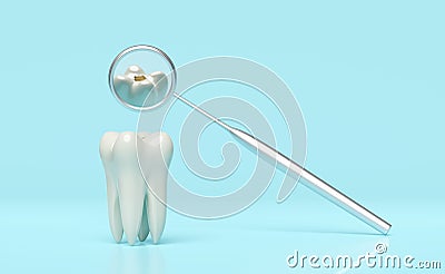 Dental molar teeth model icon check for cavities 3d with dentist mirror isolated on blue background. health of white teeth, dental Cartoon Illustration