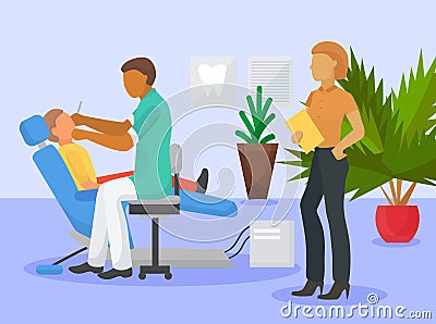 Dental office cleaning procedure vector illustration. Childrens dentist and his patient in a dentistry clinic. Male Vector Illustration