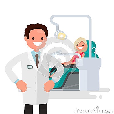 Dental office. Dentist and patient girl. Vector illustration Cartoon Illustration