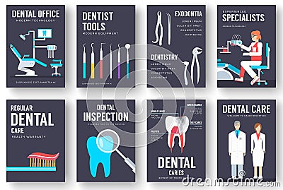 Dental office interior information cards set. Hygiene template of flyear, magazines, posters, book cover, banners Vector Illustration