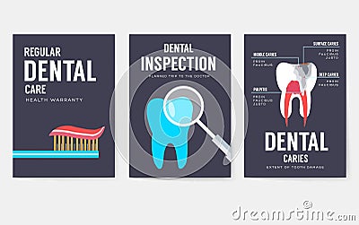 Dental office interior information cards set. Hygiene template of flyear, magazines, posters, book cover, banners Vector Illustration