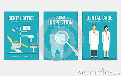 Dental office interior information cards set. Hygiene template of flyear, magazines, posters, book cover, banners Vector Illustration