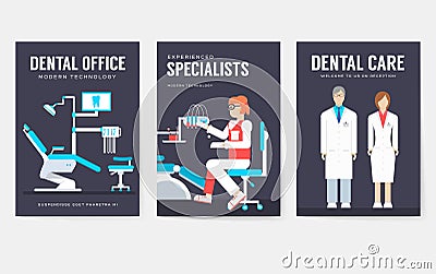 Dental office interior information cards set. Hygiene template of flyear, magazines, posters, book cover, banners Vector Illustration