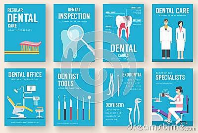 Dental office interior information cards set. Hygiene template of flyear, magazines, posters, book cover, banners Vector Illustration