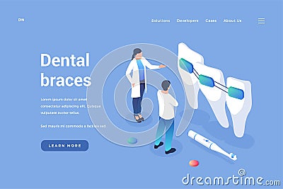 Dental orthodontics braces. Dentist reviews quality of headgears and improvement in bite Vector Illustration