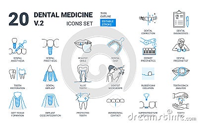 Dental Prosthesis Icon Set in Flat Outline Style Vector Illustration