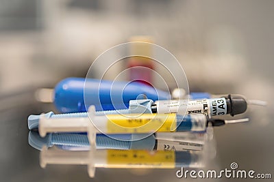 Dental resin filling materials syringe, etching enamel gel, adhesive bonding system for restorative dentistry Stock Photo