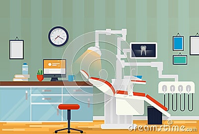 Dental room or cabinet for tooth care. Orthodontics or stomatology office for patient oral treating with drill and lamp Vector Illustration