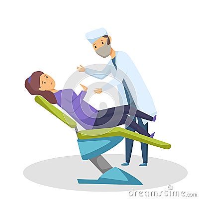 Dental scene with a patient in a medical chair. Dentist treats teeth. Vector cartoon illustration Vector Illustration