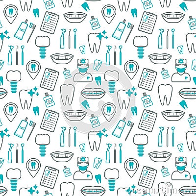 Dental seamless pattern. Linear icons. Flat design. Vector Cartoon Illustration