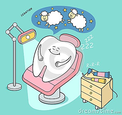 Dental sedation illustration. Cartoon tooth falls asleep in a dental chair. Cartoon Illustration