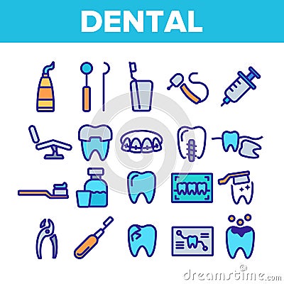 Dental Services, Stomatology Linear Vector Icons Set Vector Illustration