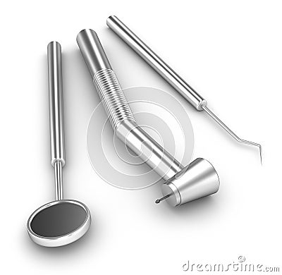 Dental set: mirror, probe and drill Stock Photo