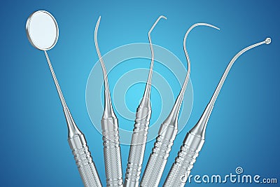 Dental set, mirror, probe, isolated on blue background. 3D rendering Stock Photo