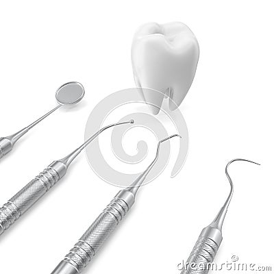 Dental set, mirror, probe, with tooth, concept care isolated on white background, 3D rendering Stock Photo