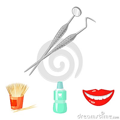 Dental sterile liquid in the jar, lips, teeth, toothpicks in the jar, medical instruments for the dentist. Dental care Vector Illustration