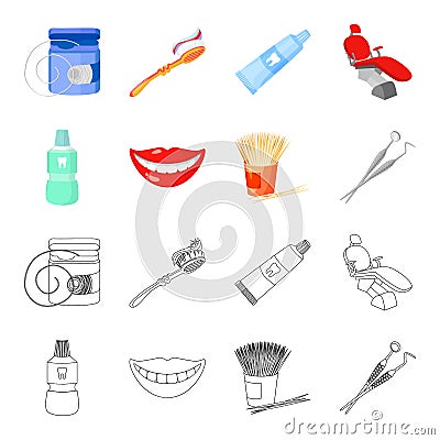 Dental sterile liquid in the jar, lips, teeth, toothpicks in the jar, medical instruments for the dentist. Dental care Vector Illustration