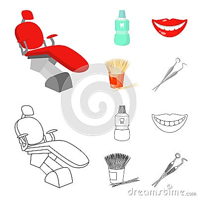 Dental sterile liquid in the jar, lips, teeth, toothpicks in the jar, medical instruments for the dentist. Dental care Vector Illustration