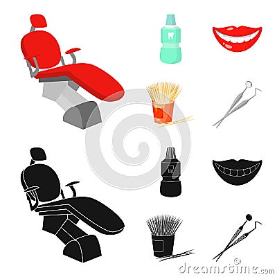 Dental sterile liquid in the jar, lips, teeth, toothpicks in the jar, medical instruments for the dentist. Dental care Vector Illustration