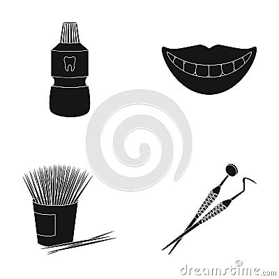 Dental sterile liquid in the jar, lips, teeth, toothpicks in the jar, medical instruments for the dentist. Dental care Vector Illustration