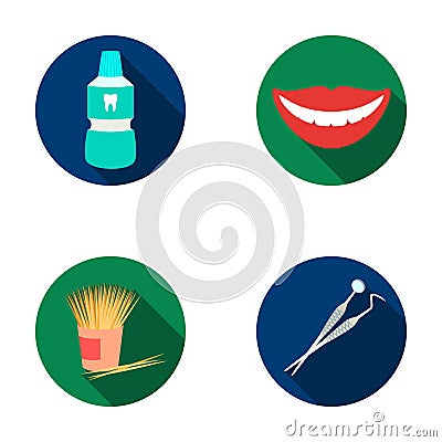 Dental sterile liquid in the jar, lips, teeth, toothpicks in the jar, medical instruments for the dentist. Dental care Vector Illustration