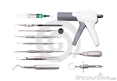 Dental tools in dental clinic on white background Stock Photo