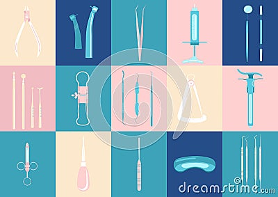 Dental tools and instruments icons set.Orthodontic prosthetics and filling, treatment of diseases of the oral cavity and caries. Vector Illustration