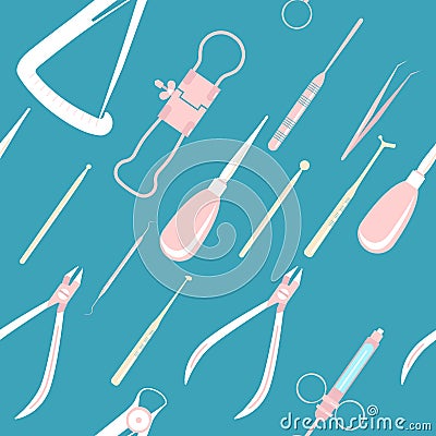 Dental tools or instruments seamless pattern. Pink and blue colours. Vector Illustration