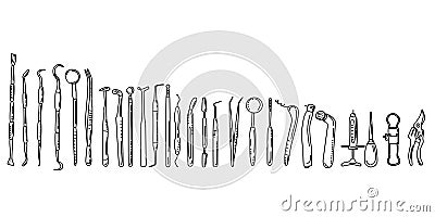Dental tools and instruments set in doodle style.Line art banner.Orthodontic prosthetics and filling,drill bit,treatment. Vector Illustration