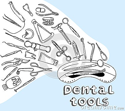 Dental tools and instruments set in doodle style.Line art banner.Orthodontic prosthetics and filling,drill bit, Vector Illustration