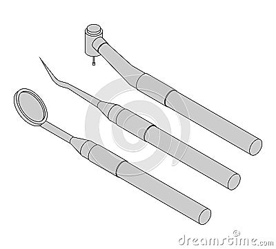 Dental tools set. Mirror, Drill and Probe isolated. Dentist treatment. Dentistry Vector illustration Vector Illustration