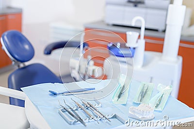 Dental tools on table in stomatology clinic Stock Photo