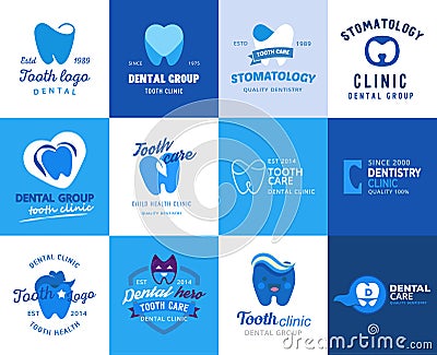 Dental tooth logo vector dentist clinic logotype toothcare icon stomatology dentistry care design set illustration Vector Illustration