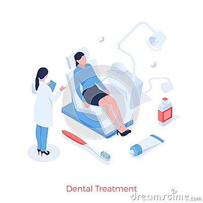 Dental treatment and prophylaxis. Dentist examines patients mouth Vector Illustration
