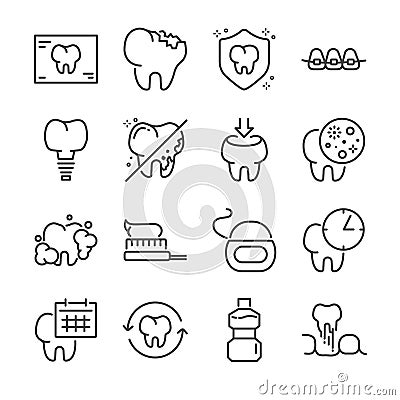 Dental vector line icon set. Included the icons as tooth, Dental floss, mouthwash and more. Vector Illustration