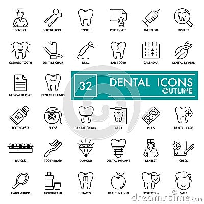 Dental vector thin line Icons Set. For website, logos, advertisement, promotion material, sticker etc. Eps 10 Vector Illustration