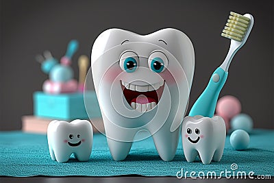 Dental whimsy Funny tooth character with toothbrush, oral hygiene Stock Photo