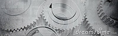 Dented cogs wheels banner with computer technologic circuits Stock Photo