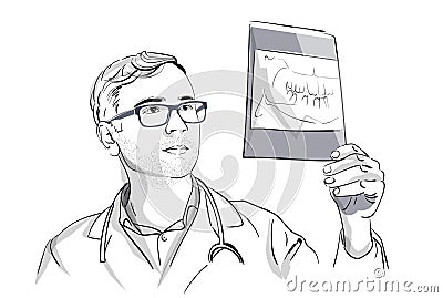 Dentist analyzing an X-ray Vector sketch storyboard. Detailed character illustrations Vector Illustration