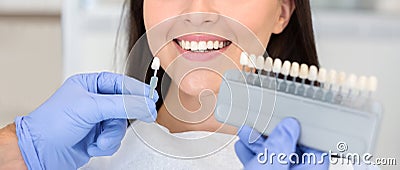 Dentist applying sample from tooth scale to happy patient teeth Stock Photo