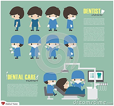 Dentist cartoon character and Dental care unit in hospital . Vector . Flat design Vector Illustration