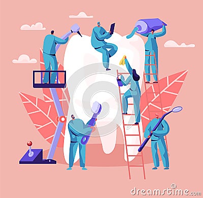 Dentist Character Care of Big White Tooth. Dental Clinic Background. Medicine People Work in Stomatology Toothbrush Toothpaste Vector Illustration