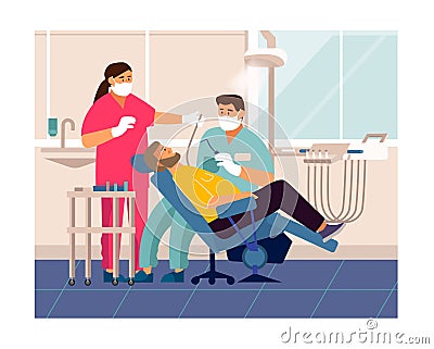 Dentist checkup. Cartoon patient at doctor office lying at dentistry chair, tooth care and examination concept Vector Illustration