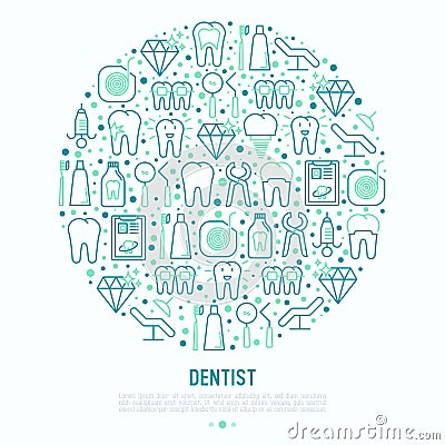 Dentist concept in circle with thin line icons Vector Illustration