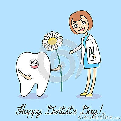 Dentist Day. Cartoon tooth holding a daisy and gives it to dentist woman. Vector Illustration